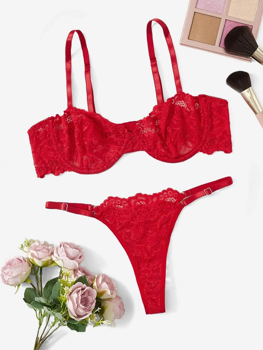 Floral Lace Underwire Thongs Lingerie Set Red