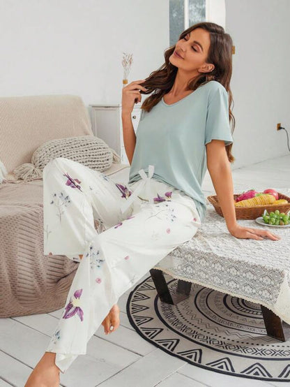 Floral Pattern Bow Front Pajama Set