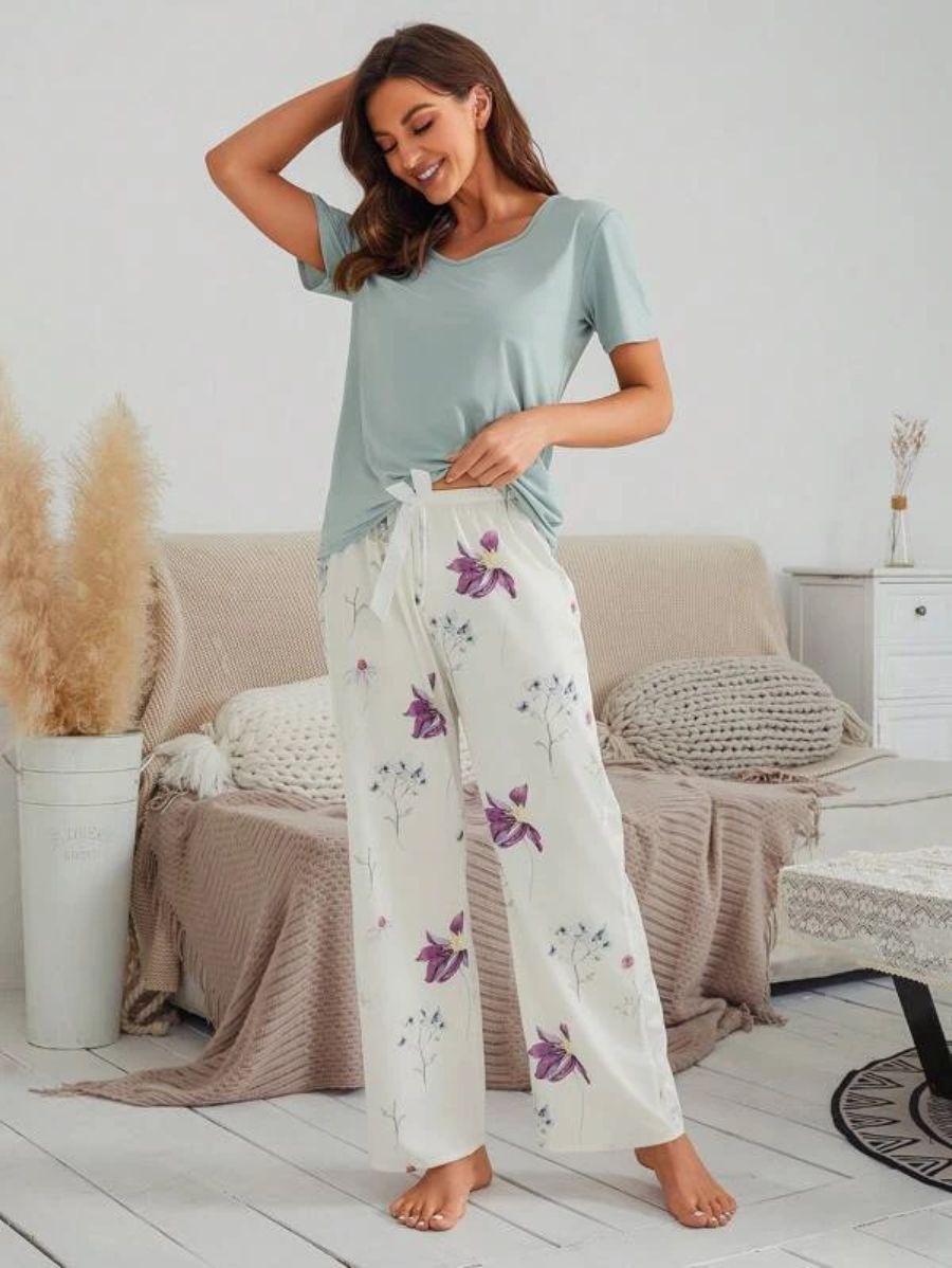 Floral Pattern Bow Front Pajama Set