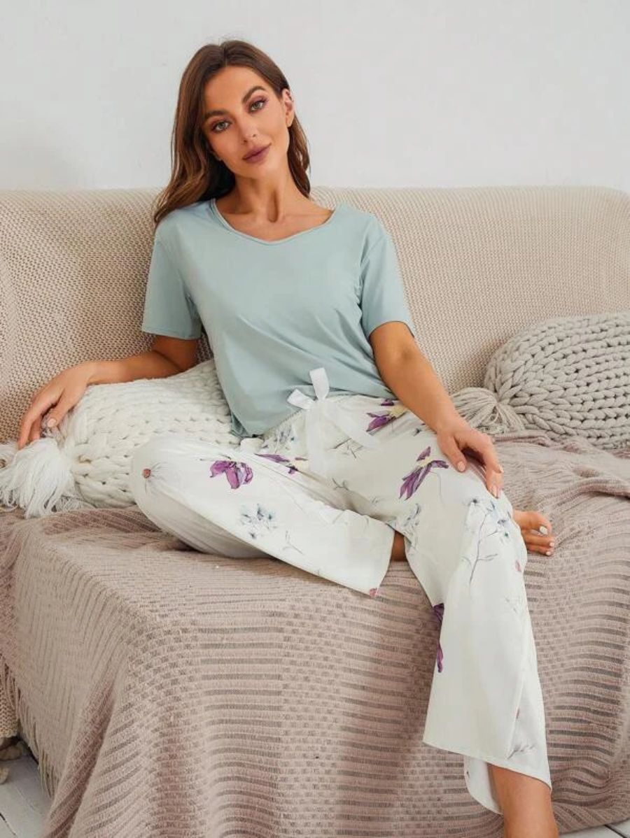 Floral Pattern Bow Front Pajama Set