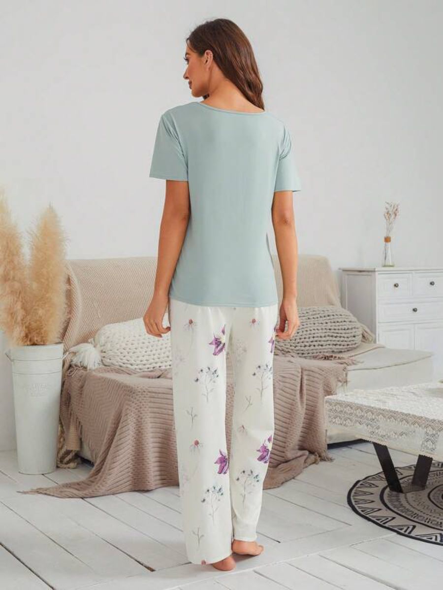 Floral Pattern Bow Front Pajama Set