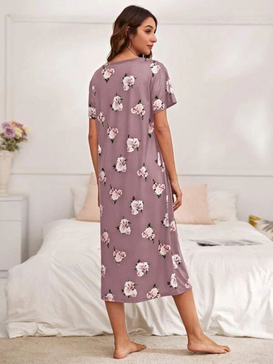 Floral Pattern Scoop Neck Nightdress