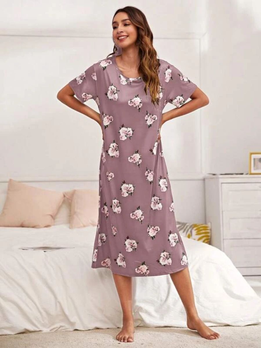 Floral Pattern Scoop Neck Nightdress Pink