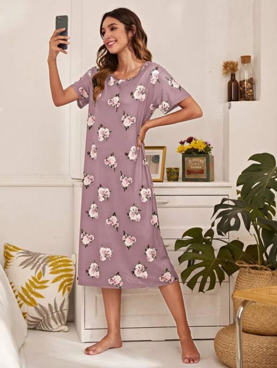 Floral Pattern Scoop Neck Nightdress