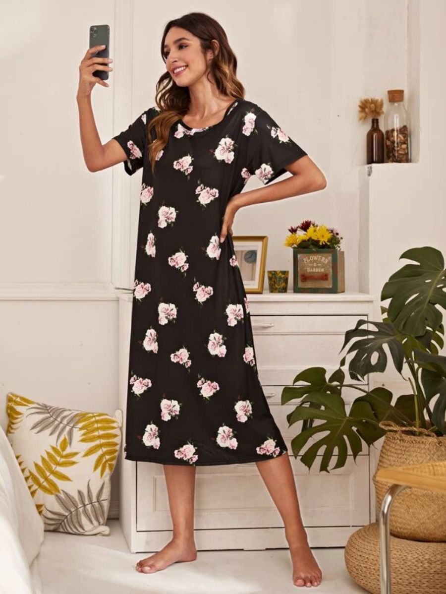 Floral Pattern Scoop Neck Nightdress