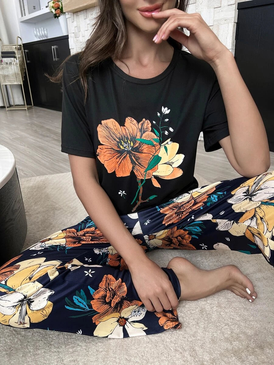 Floral Plants Print Tee And Pants Set