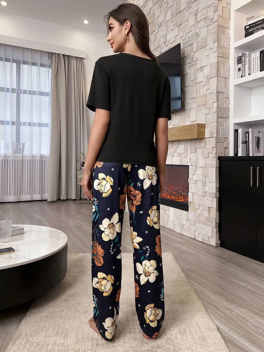 Floral Plants Print Tee And Pants Set