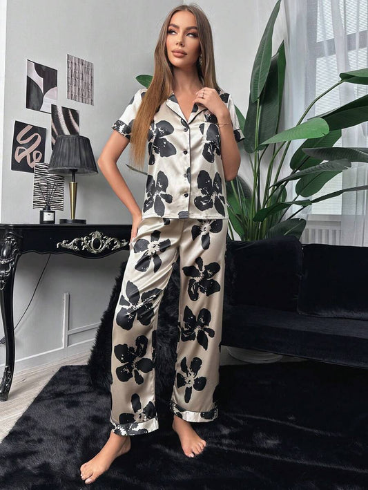 Floral Pocket Print Contrast Piping Satin Set