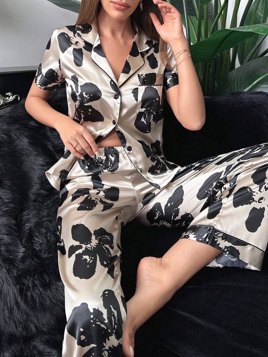 Floral Pocket Print Contrast Piping Satin Set