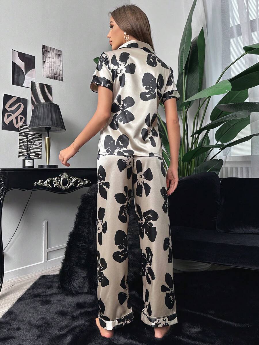 Floral Pocket Print Contrast Piping Satin Set