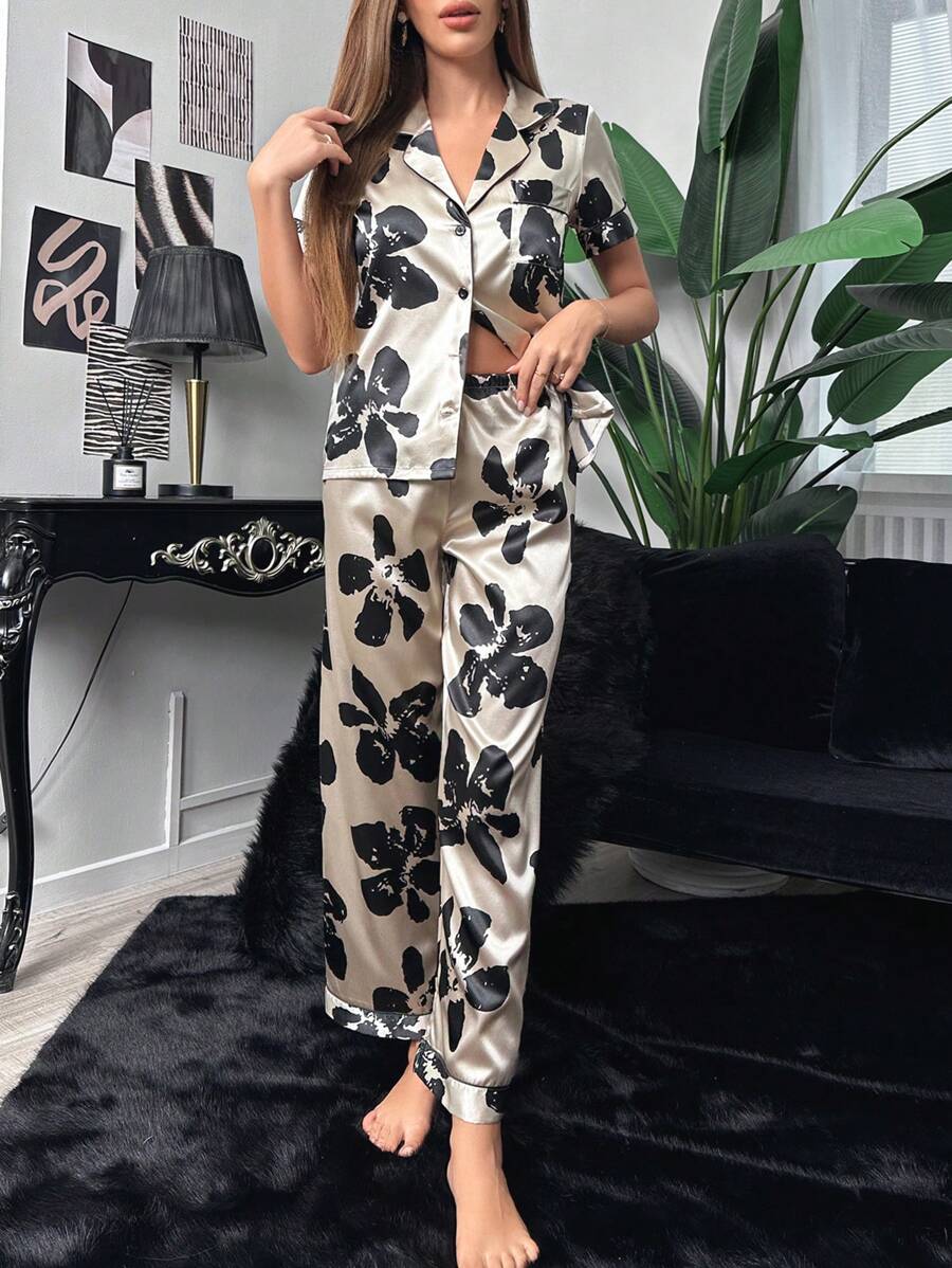 Floral Pocket Print Contrast Piping Satin Set