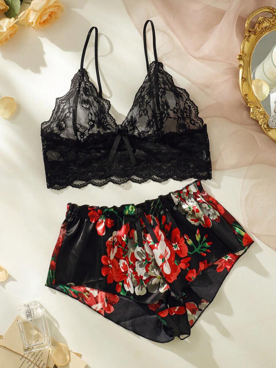 Floral Print Bow Front Lace Lingerie Set Black