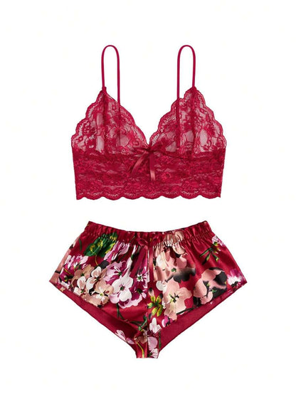 Floral Print Bow Front Lace Lingerie Set Maroon