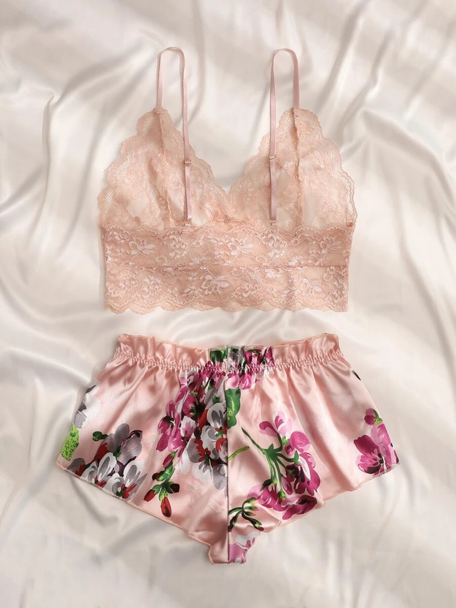 Floral Print Bow Front Lace Lingerie Set