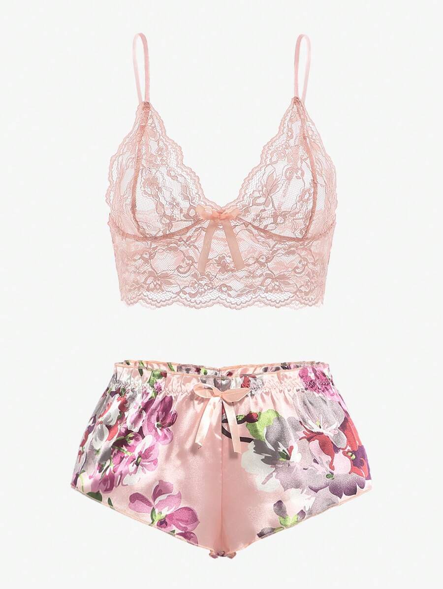 Floral Print Bow Front Lace Lingerie Set Pink