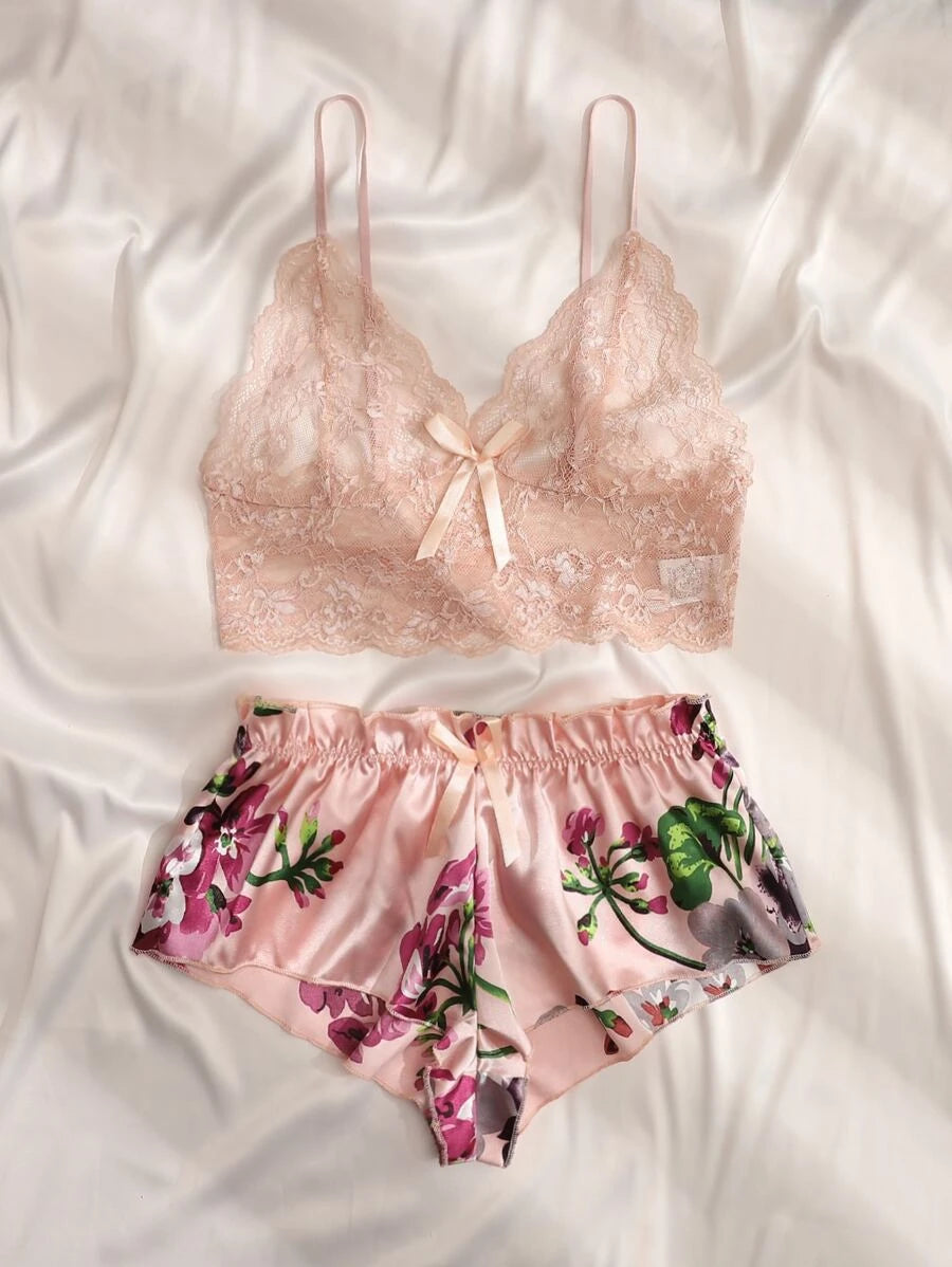 Floral Print Bow Front Lace Lingerie Set