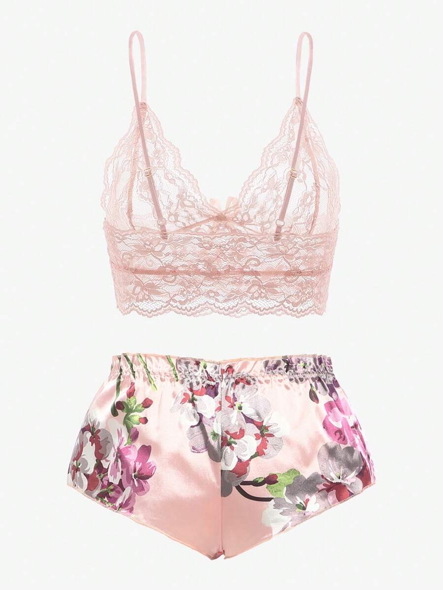 Floral Print Bow Front Lace Lingerie Set