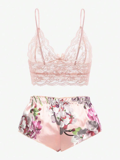 Floral Print Bow Front Lace Lingerie Set