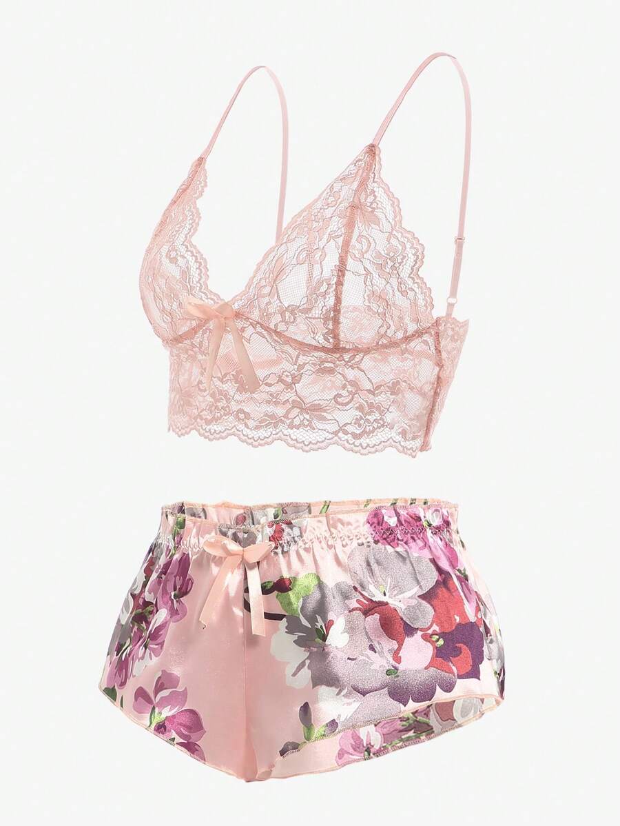 Floral Print Bow Front Lace Lingerie Set