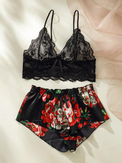 Floral Print Bow Front Lace Lingerie Set