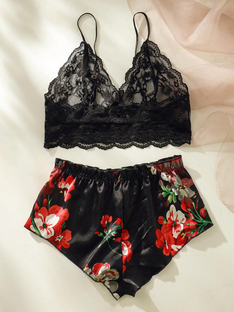 Floral Print Bow Front Lace Lingerie Set