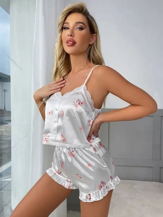 Floral Print Contrast Lace Ruffle Hem Satin Cami Pajama Set