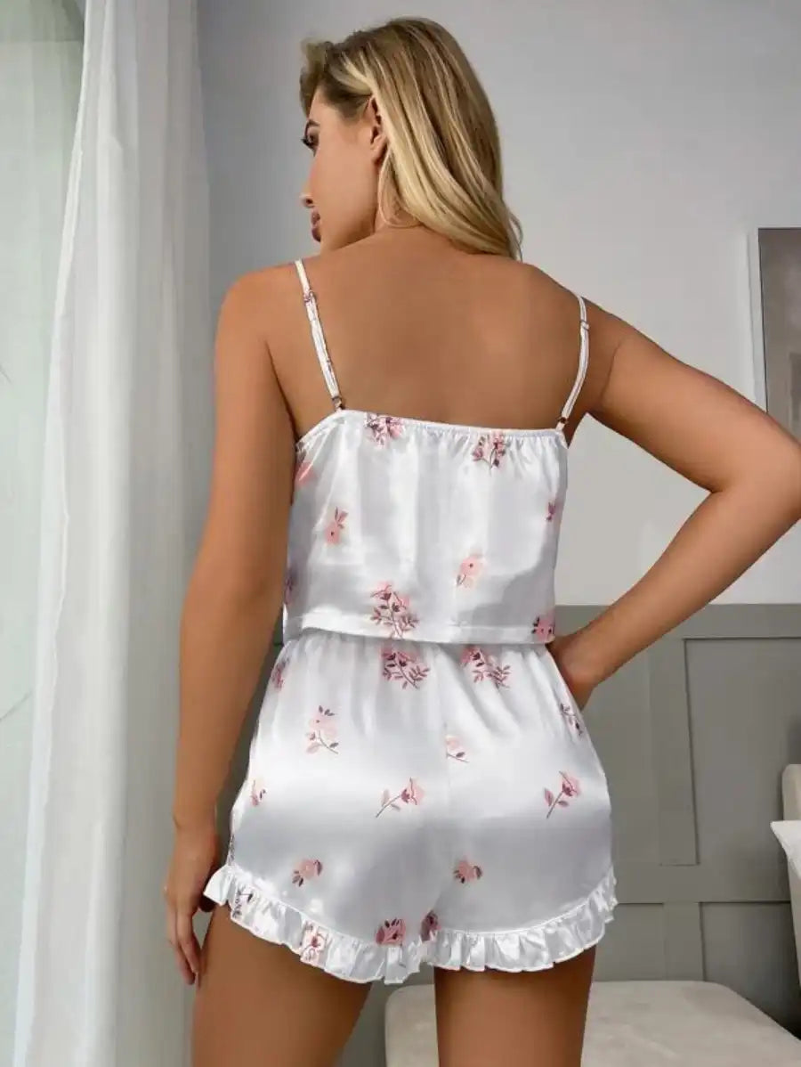 Floral Print Contrast Lace Ruffle Hem Satin Cami Pajama Set