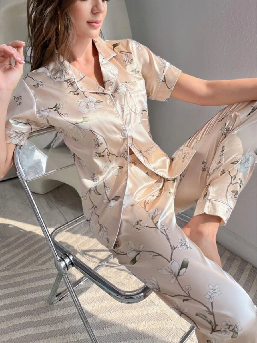 Floral Print Contrast Piping Satin Blouse And Pants Set