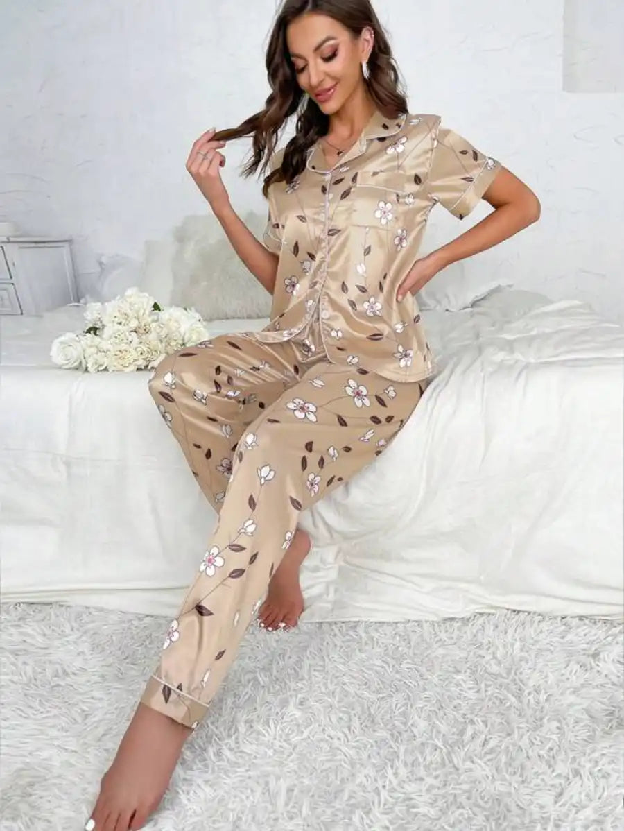 Floral Print Contrast Piping Satin Pajama Set