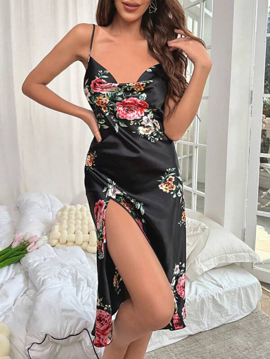 Floral Print Satin Slit Cami Nightdress