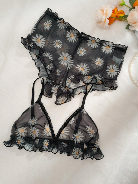 Floral Print Mesh Lingerie Set Black