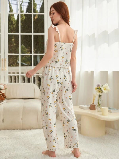 Floral Print Ruffle Trim Top And Pants Set