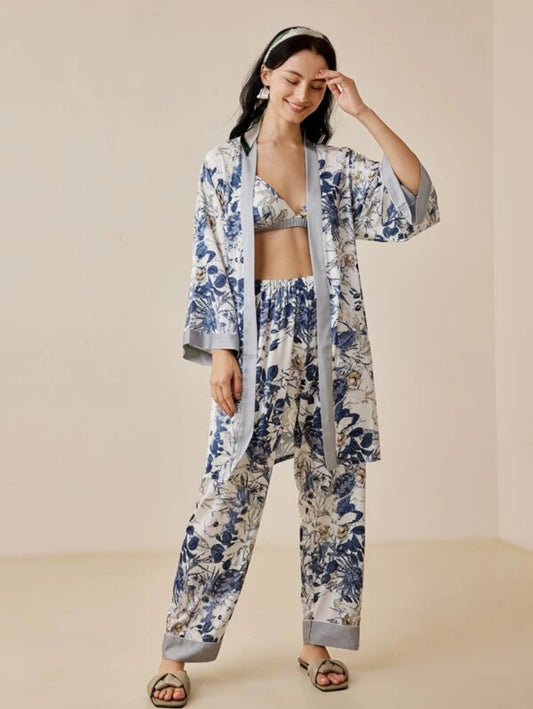 Floral Print Slight Stretch Satin Robe XL