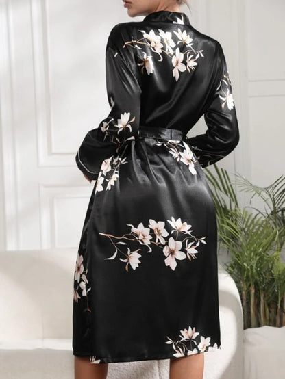 Flower Print Belted Satin Robe