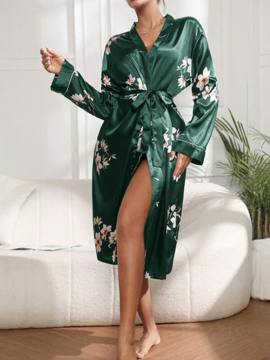 Flower Printed Belted Satin Robe