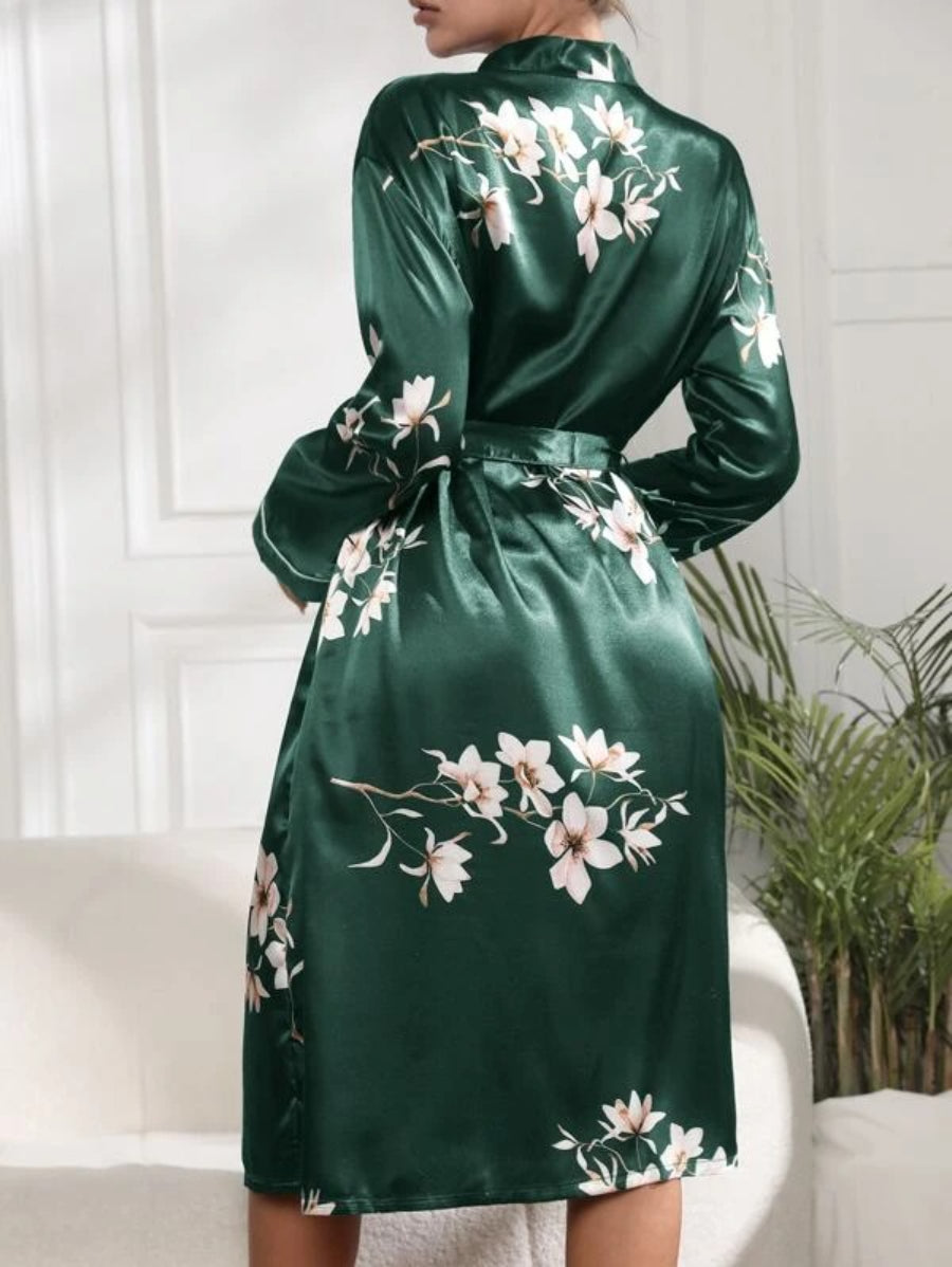 Flower Printed Belted Satin Robe