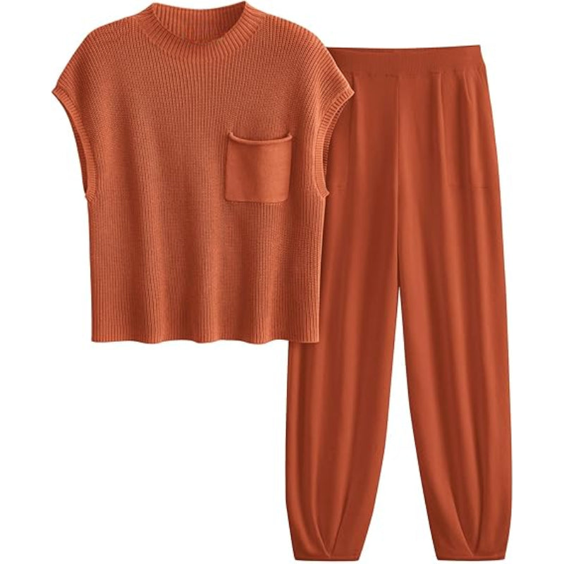 Knitted Tops And Pants Sweatsuit Set Orange