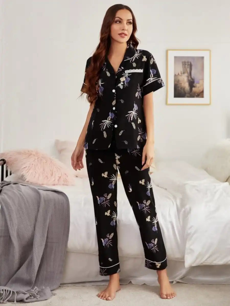 Lapel Collar Plants Print Night Set