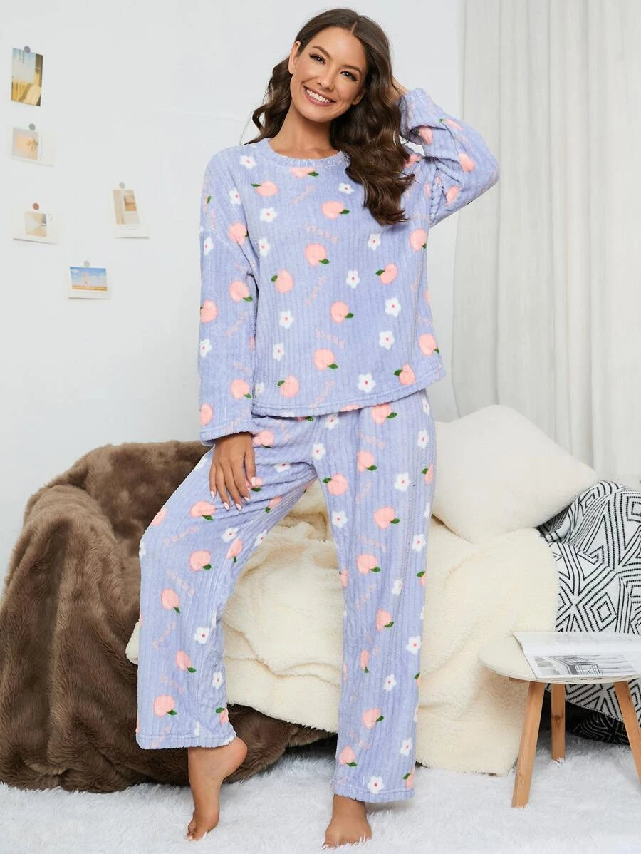 Letter And Peach Pattern Drop Flannelette Set Light Blue