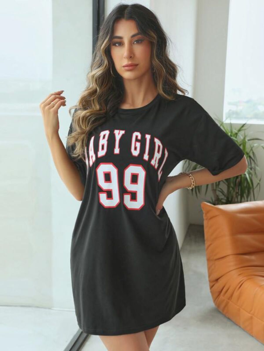 Letter Graphic Baggy Nightdress Black