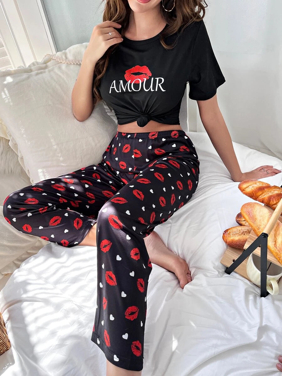 Letter Graphic Printed Tee And Pants Set