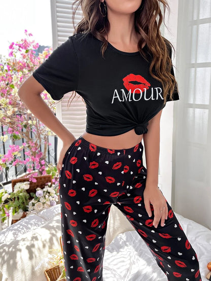 Letter Graphic Printed Tee And Pants Set