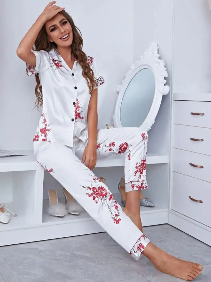 Notch Collar Floral Satin Pajama Set