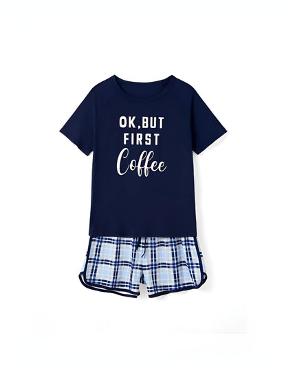 Ok But First Coffee Letter Print Family Matching Shorts Set Men