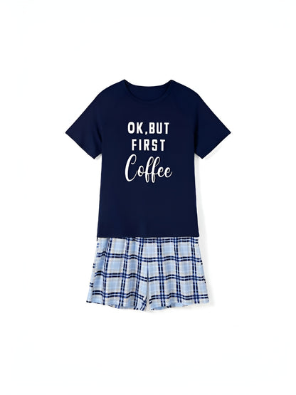 Ok But First Coffee Letter Print Family Matching Shorts Set Women