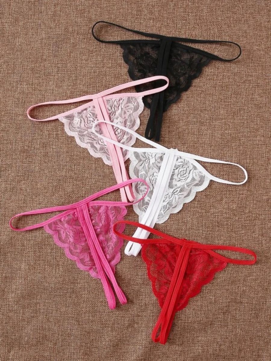 Pack Of 5 Floral Lace Crotchless Thong Set