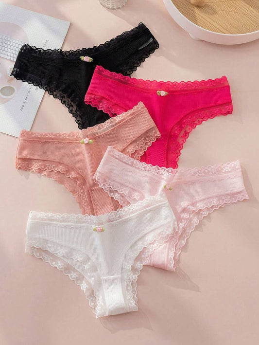 Contrast Lace Bow Front Panty Pack Of 5 L