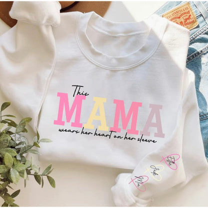 Customized Wear Heart On Sleeve Mama Sweatshirt Hoodie With Kid Names on Sleeves Mother's Day Birthday Gift