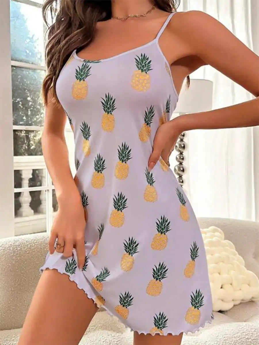 Pineapple Print Lettuce Trim Cami Nightdress