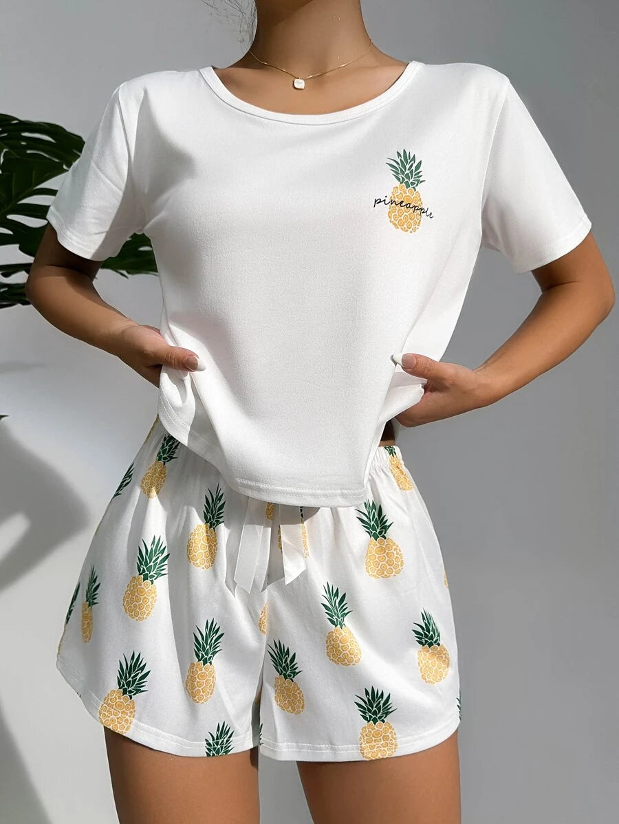 Pineapple Print Tee And Shorts Set White